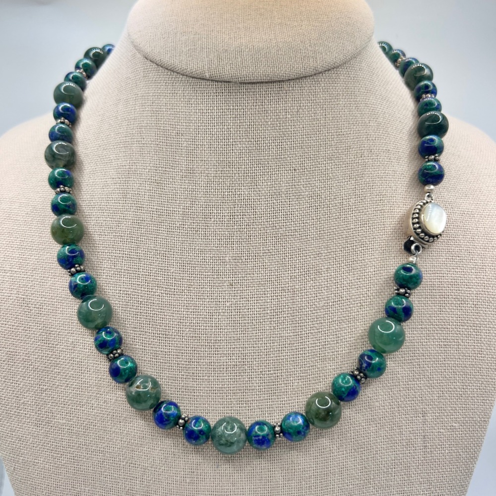 VTG 925 Sterling Azurite Malachite Moss Agate Mother of Pearl Beaded Necklace - Picture 11 of 13